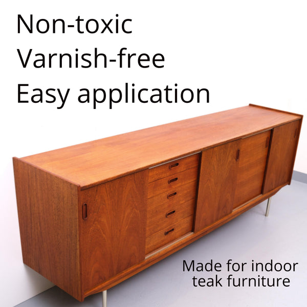 Nordicare Zinolin teak oil is non-toxic, varnish-free, easy to apply, and made for indoor teak furniture